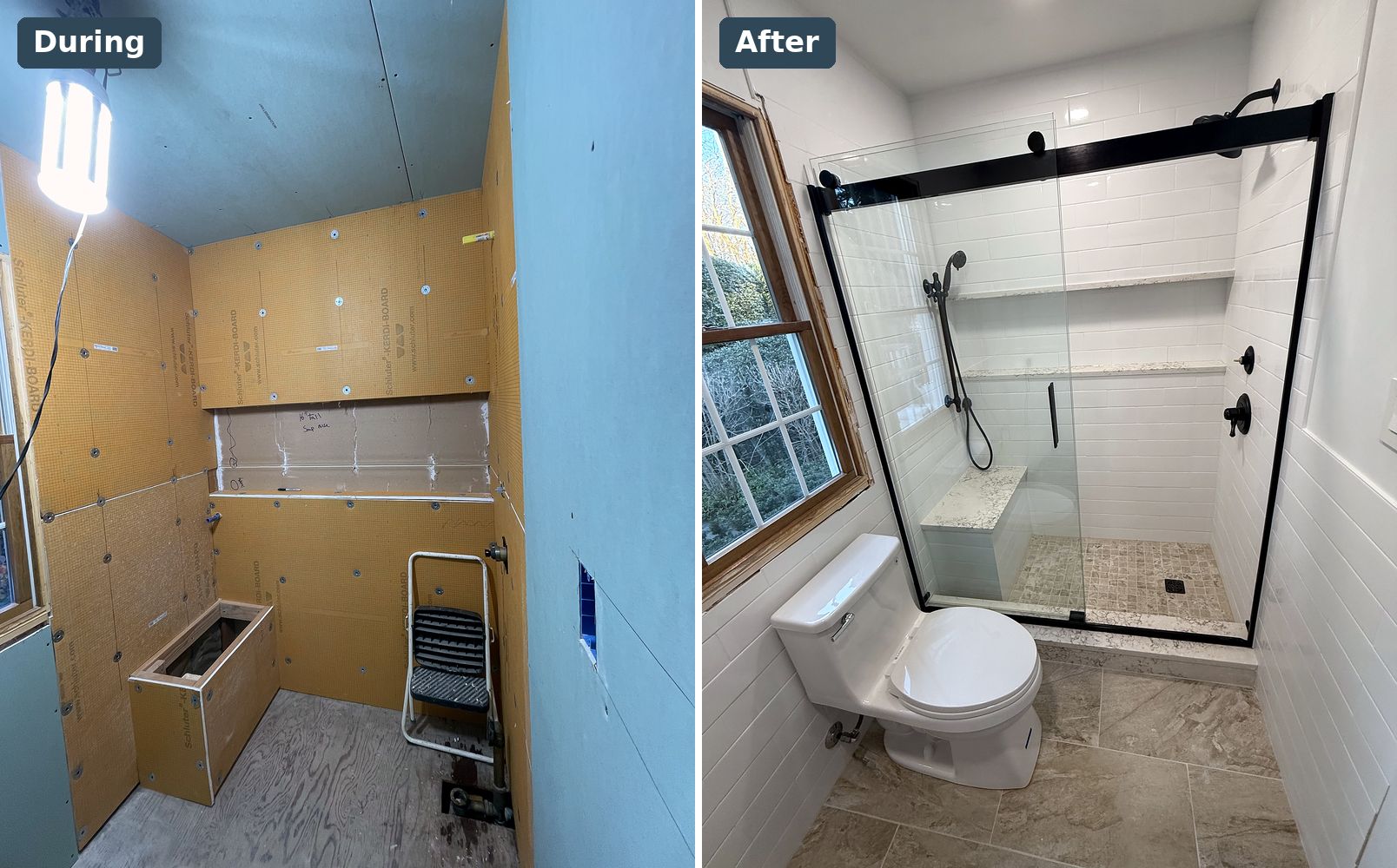 Miller Place shower during waterproofing and after with white tile and matte black fixtures