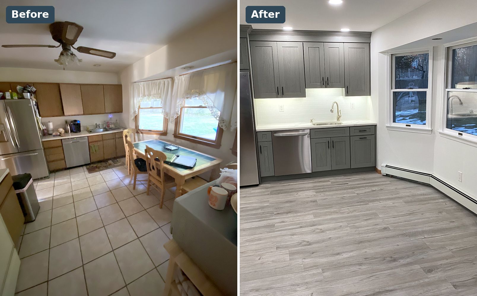 Port Jefferson Station kitchen before with oak cabinets and after with gray shaker cabinets