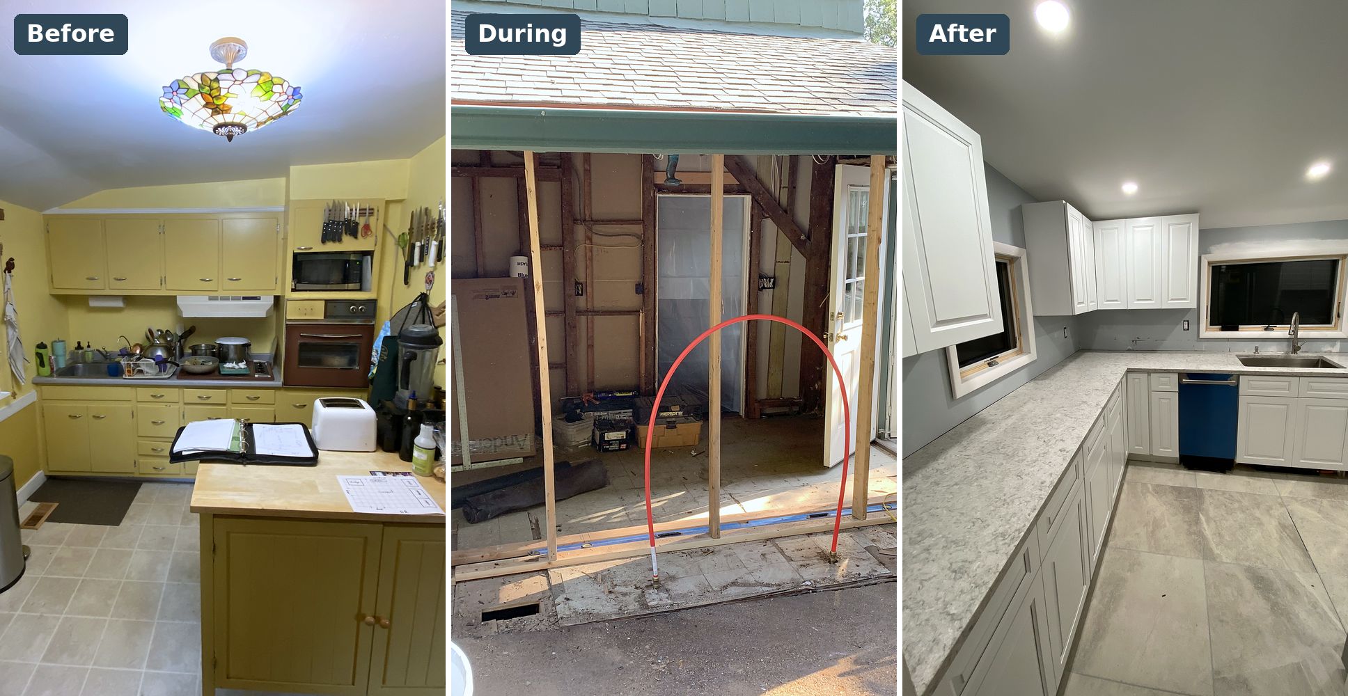 Port Jefferson kitchen before, during framing of the addition, and after with white cabinets