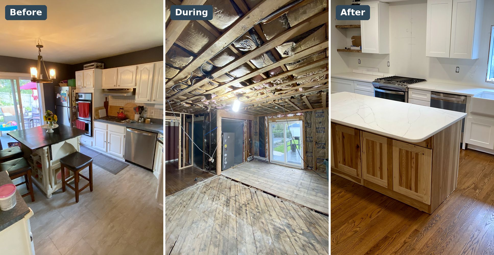 Smithtown kitchen before, during demolition, and after with white shaker cabinets and quartz island