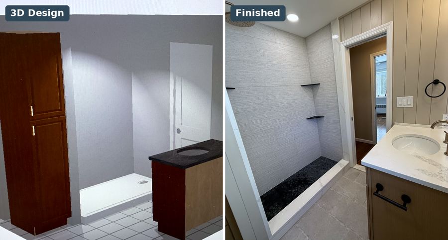 Smithtown · Walk-in shower and wood vanity: 3D design next to the finished room